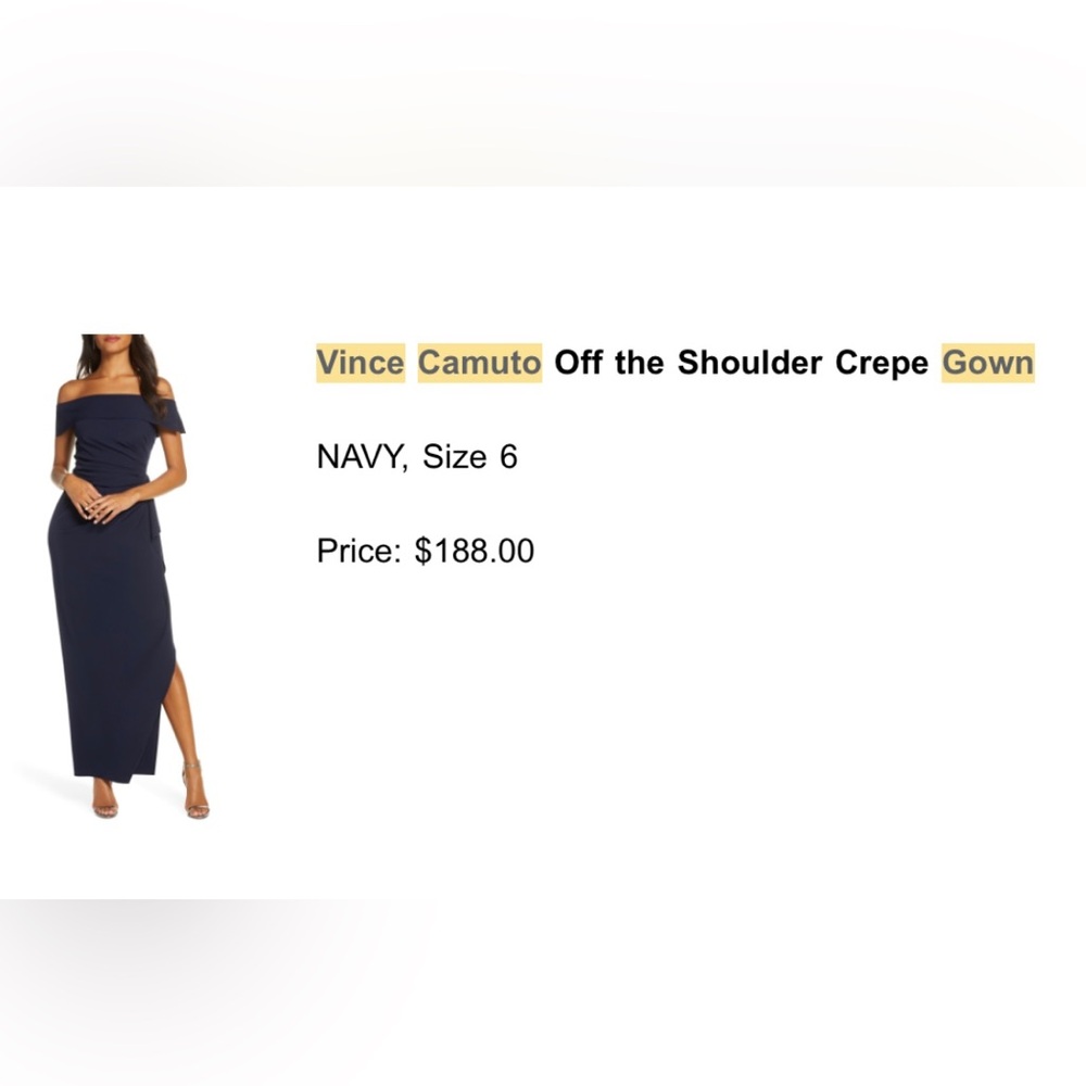 Vince Camuto Off the Shoulder Crepe Gown size 6